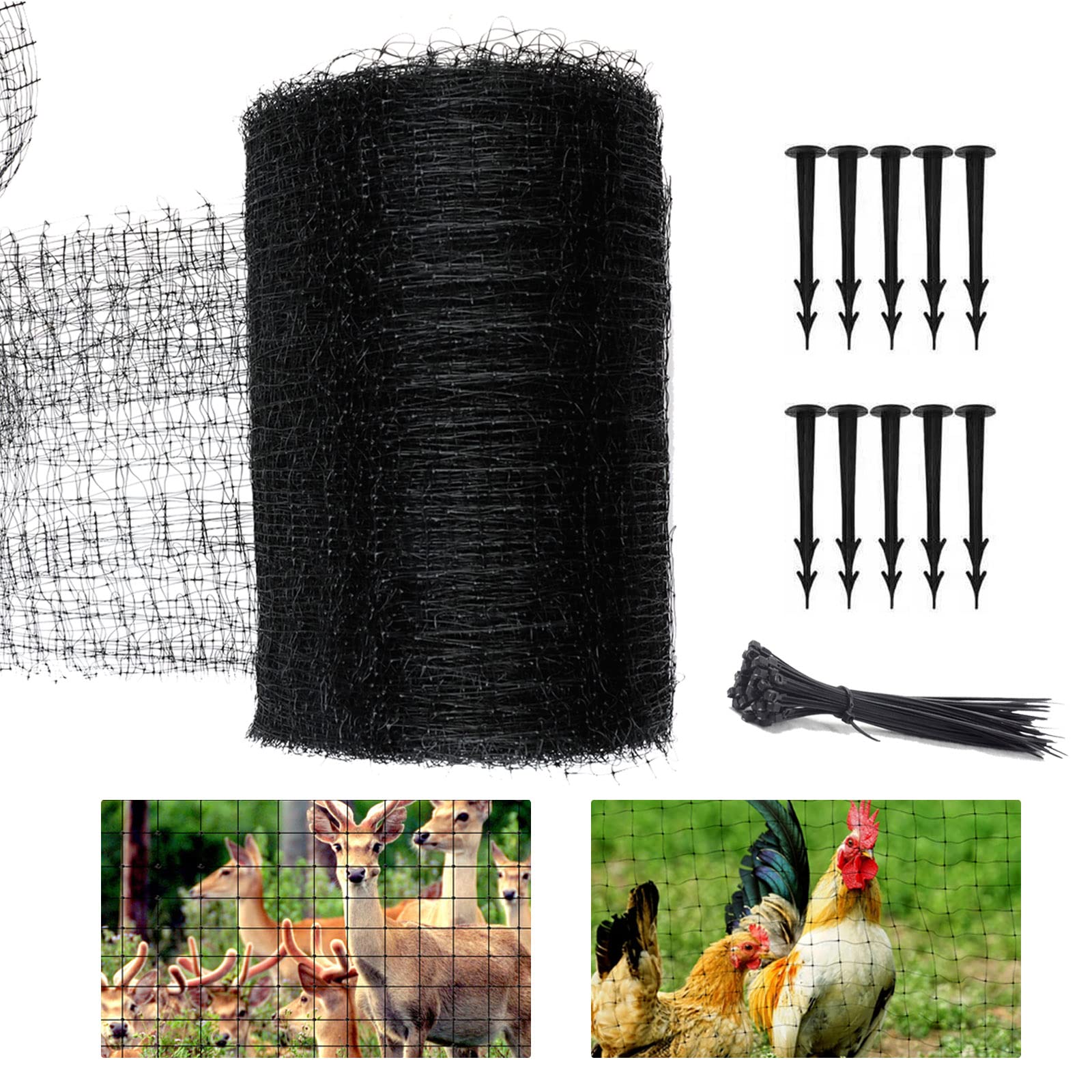 Black Garden Netting Kit Heavy Duty Plant Barrier with 50 Cable Ties Reusable Climbing Plant Protection Mesh Netting for Seed, Fruit, Tree Protection