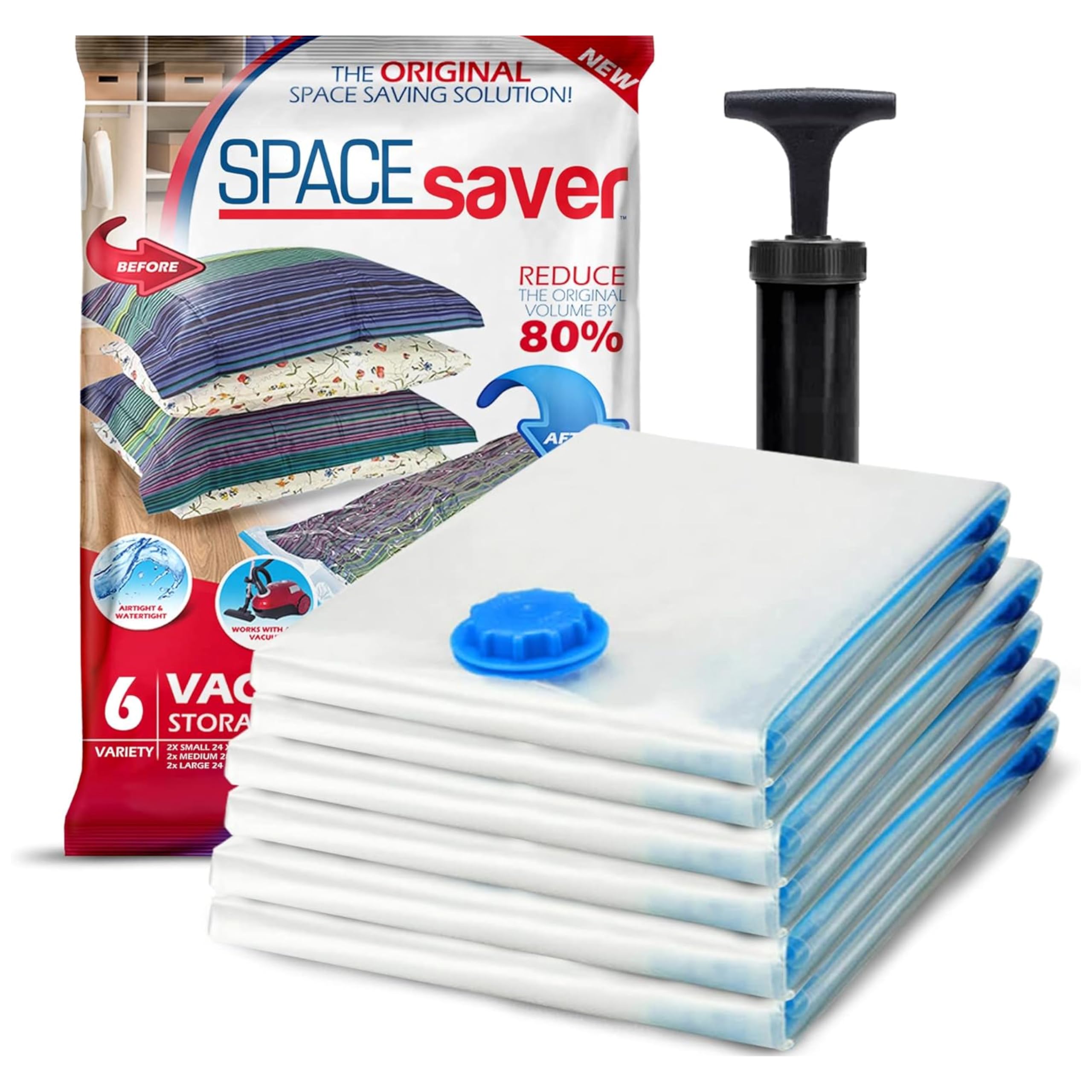 SpaceSaver Vacuum Storage Bags - Clothes Storage Bag Vacuum Pack - Space Saver Vacuum Storage Bags for Clothes Storage, Vacuum Bags for Bedding - Vacuum Bags for Clothes - with Pump (SMALL 6-Pack)