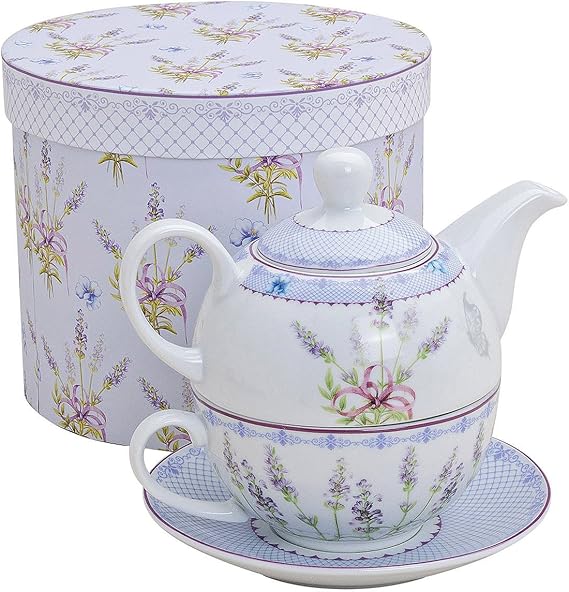 Tea Set with Lavender Motif for One Person, Teapot, Teacup and Saucer