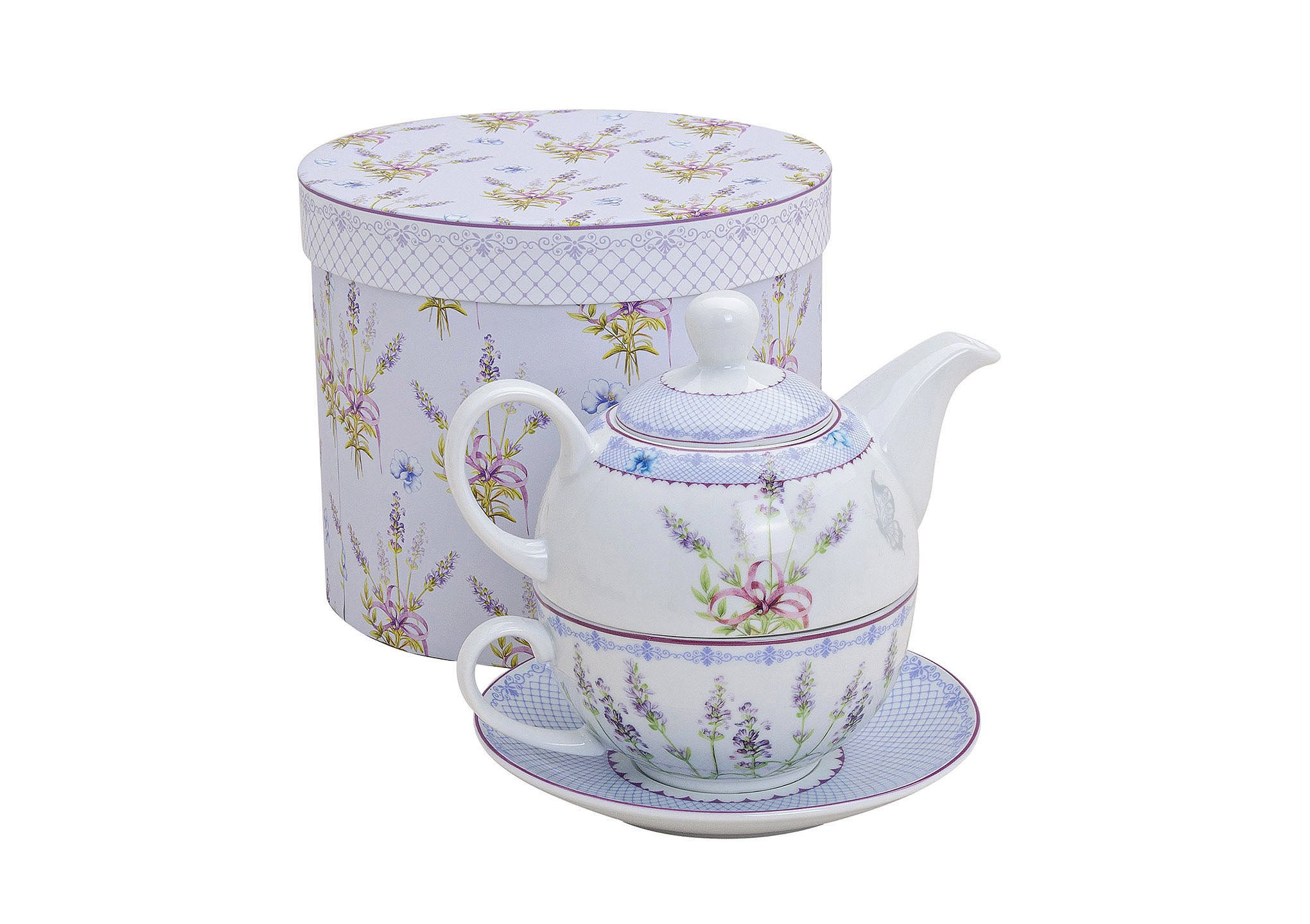 Tea Set with Lavender Motif for One Person, Teapot, Teacup and Saucer, Porcelain Tea Set in Gift Box, Design Handle Cup, Handle Pot and Saucer for Tea Drinker, Tea for One