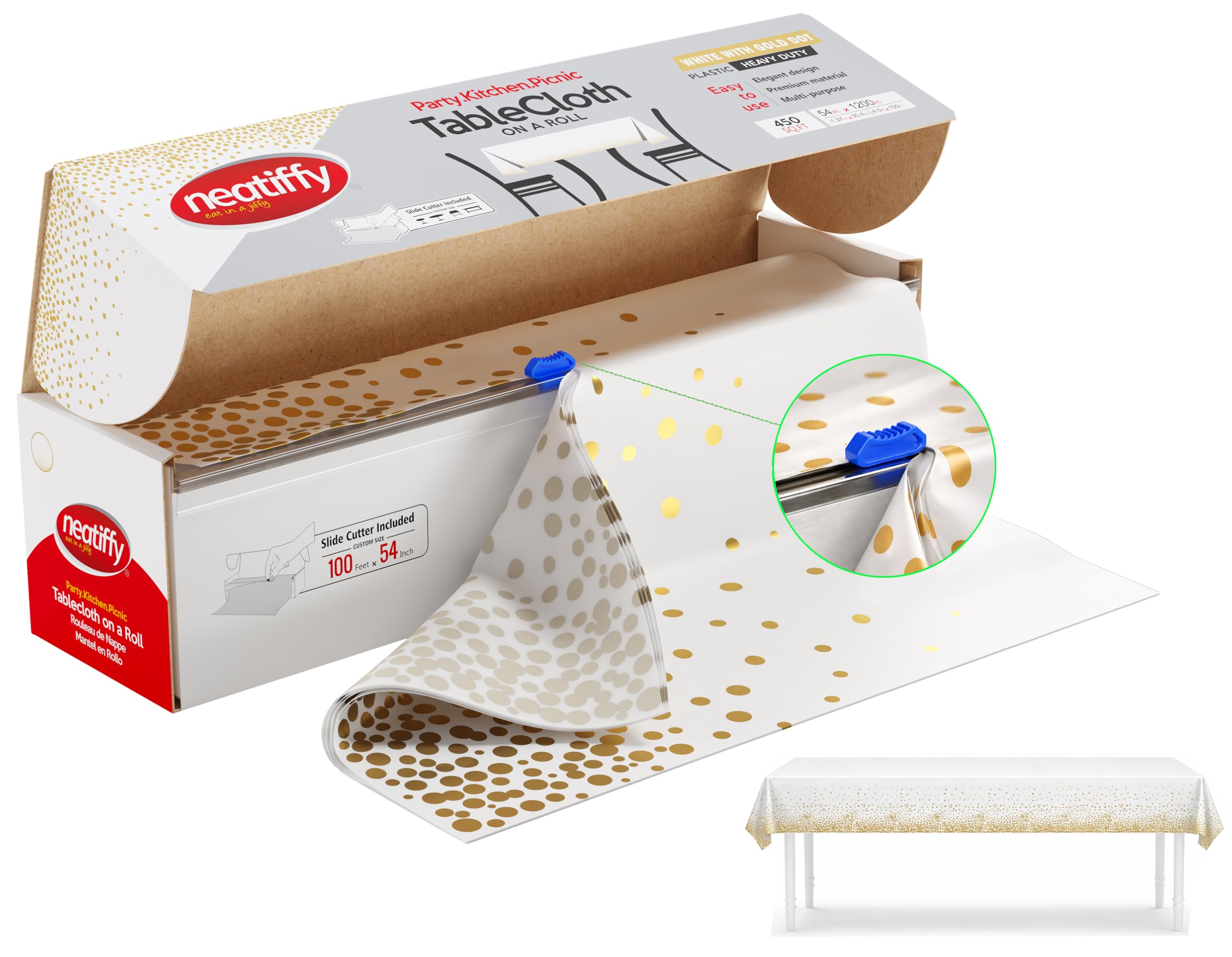 Neatiffy Disposable Plastic Table Cloth Roll, Party/Banquet Table Cover, Tablecloths for Rectangle/Round/Square Tables, Equals to 12 Picnic Pack (54 Inch x 100 Feet, White Golden Dot) — image 1
