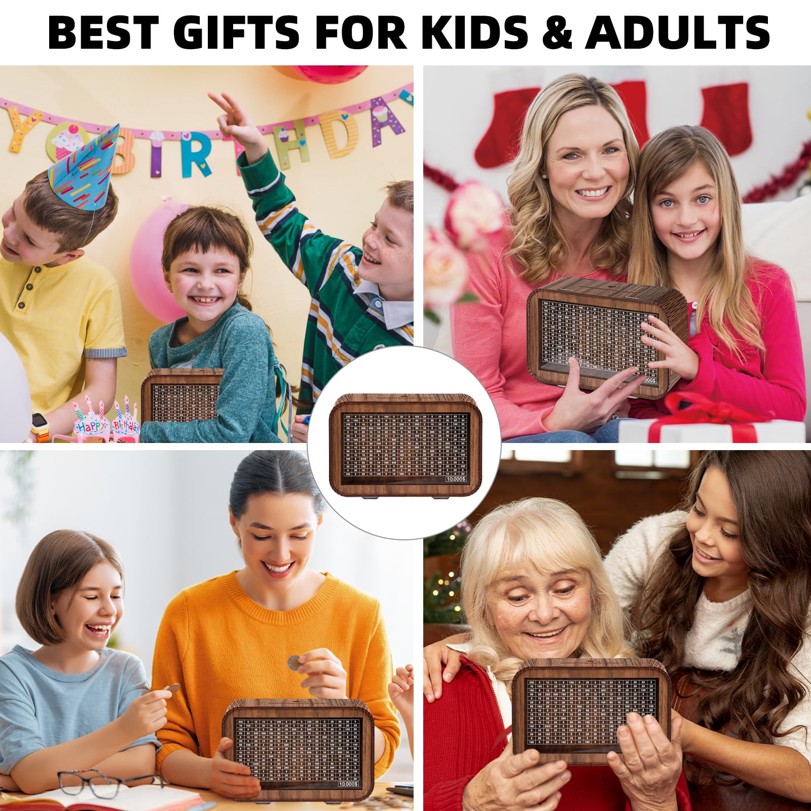 4-in-1 Piggy Bank for Adults Kids - Fully Assembled Wooden Money Saving Challenge Box(1000/3000/5000/10000) - Money Bank with Counter and Dry Erase Pen - Kakeibo Money Box for Cash Coin - BestGift