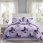 ARTALL Lightweight Microfiber 3 Piece Comforter Set with 2 Shams, Butterfly Pattern Bedding Set, Full/Queen, Purple