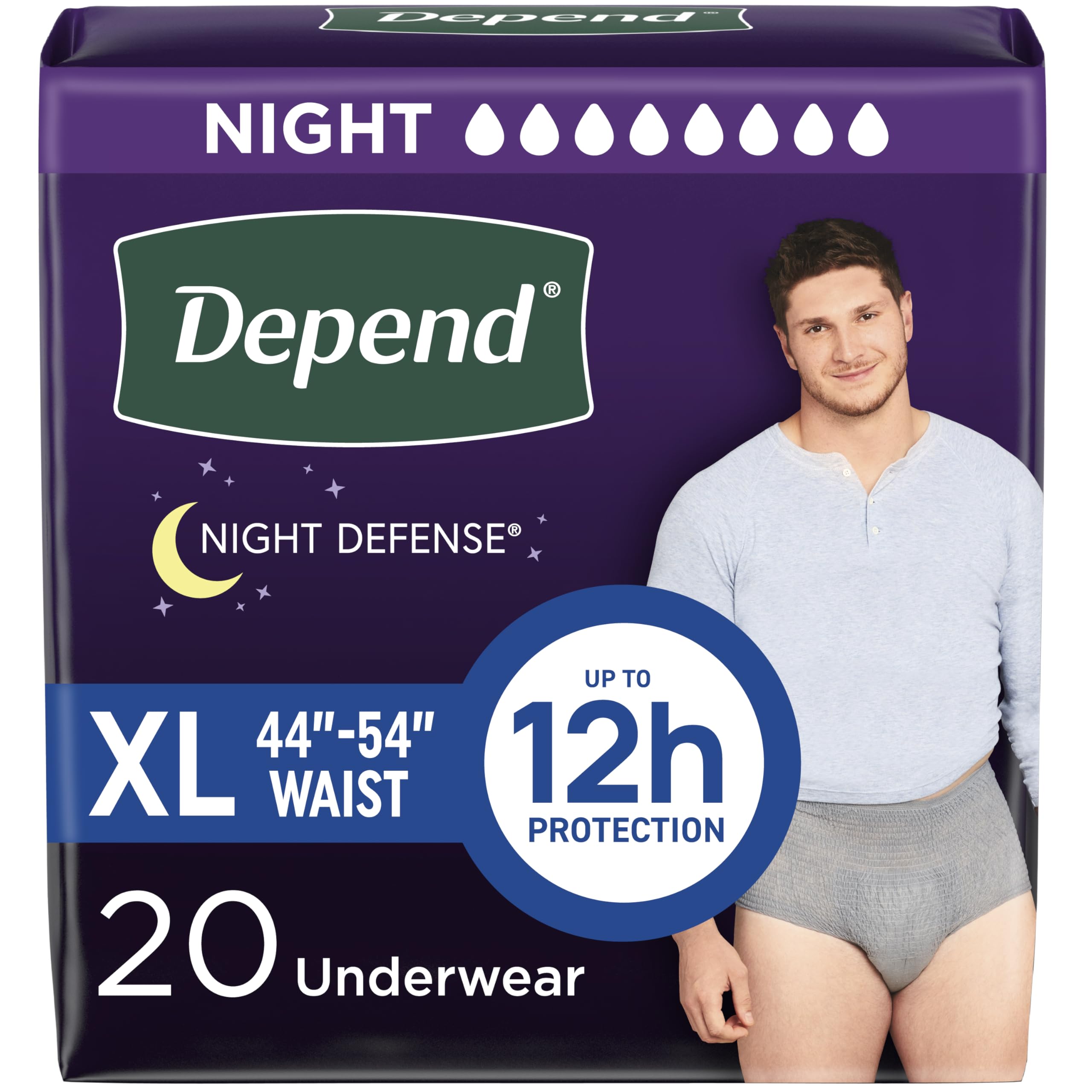 Photo 1 of Depend Night Defense Adult Diapers, Incontinence Underwear for Men, Disposable, Overnight, Extra-Large, Grey, 20 Count, Packaging May Vary