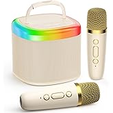 JYX Mini Karaoke Machine for Kids, Portable Bluetooth Karaoke Speaker Unpowered Cabinets with 2 Wireless Microphones and Party Lights for Adults, Birthday Gifts for Girls Boys Family Home Party(Beige)