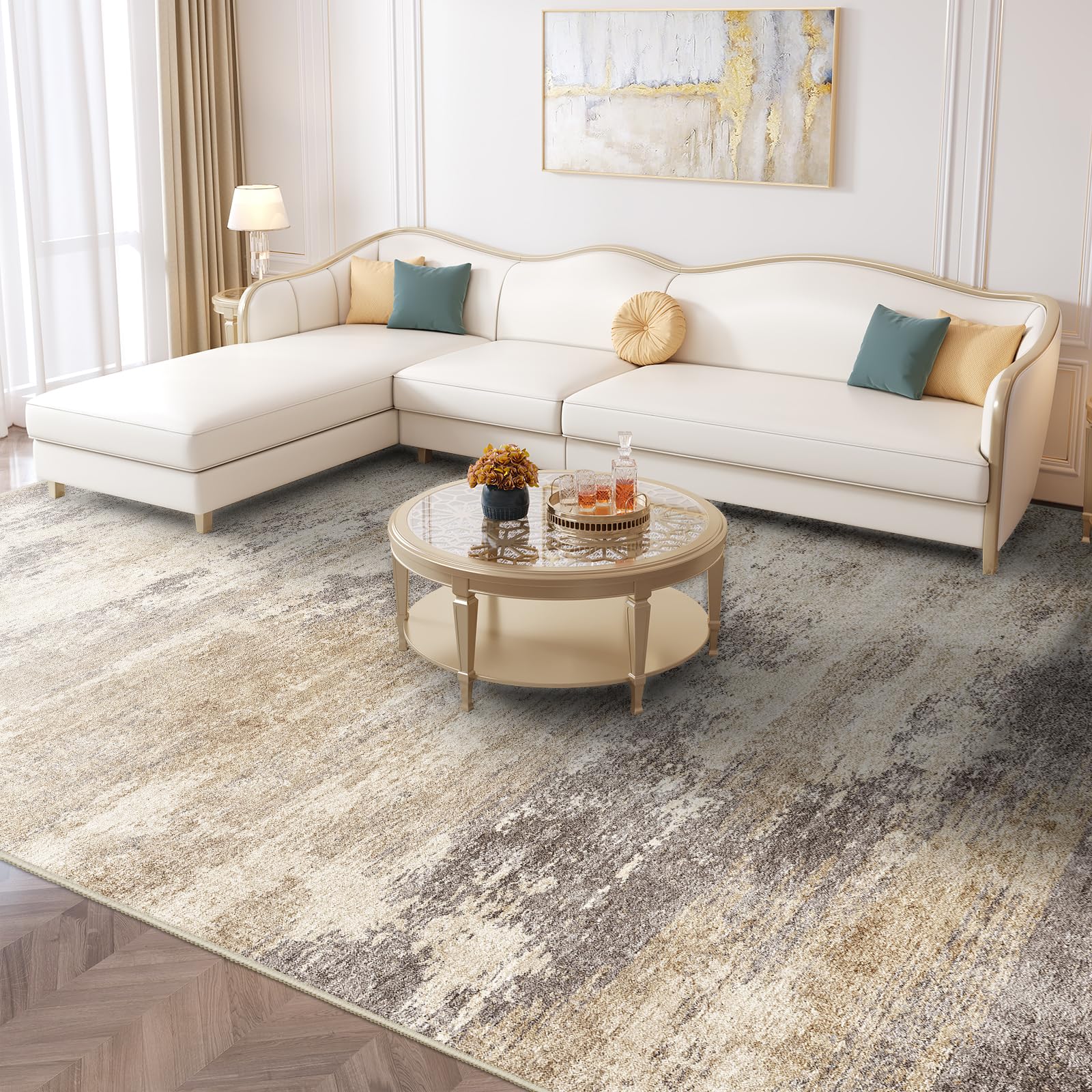 Photo 1 of (DIRTY) (USE/FAIR) (WASH FIRST) Washable Abstract 9x12 Area Rug: Low Pile and Non-Slip Rubber Backing Modern Large Soft Stain-Resistant Carpet for Living Room Bedroom Dining Room Kitchen and Home Office Brown Beige