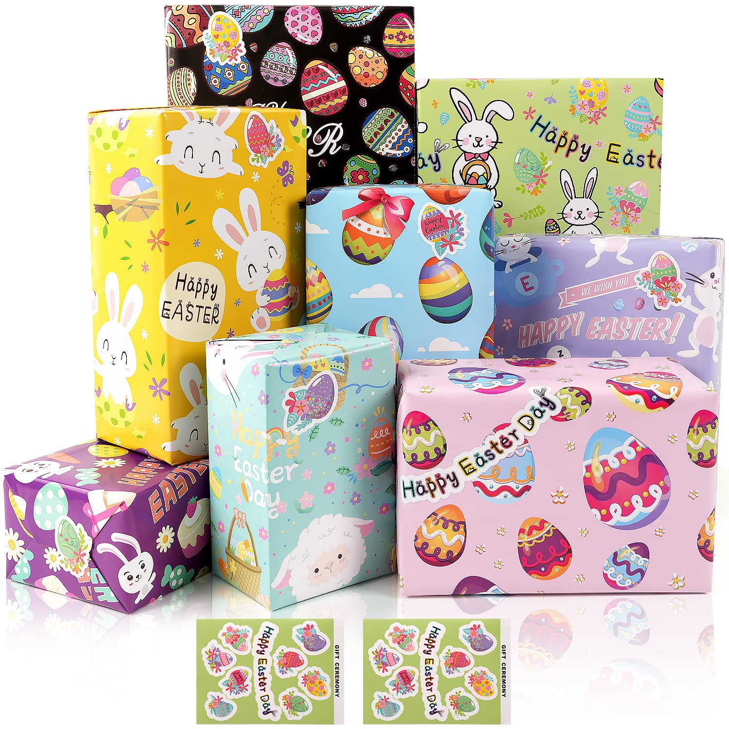 MAMUNU Easter Wrapping Paper, 8 Sheets Wrapping Paper with Stickers, Easter Wrapping Paper with Rabbits Colorful Eggs and Happy Easter Pattern, Colorful Wrapping Paper For Kids Adults, 70x50CM