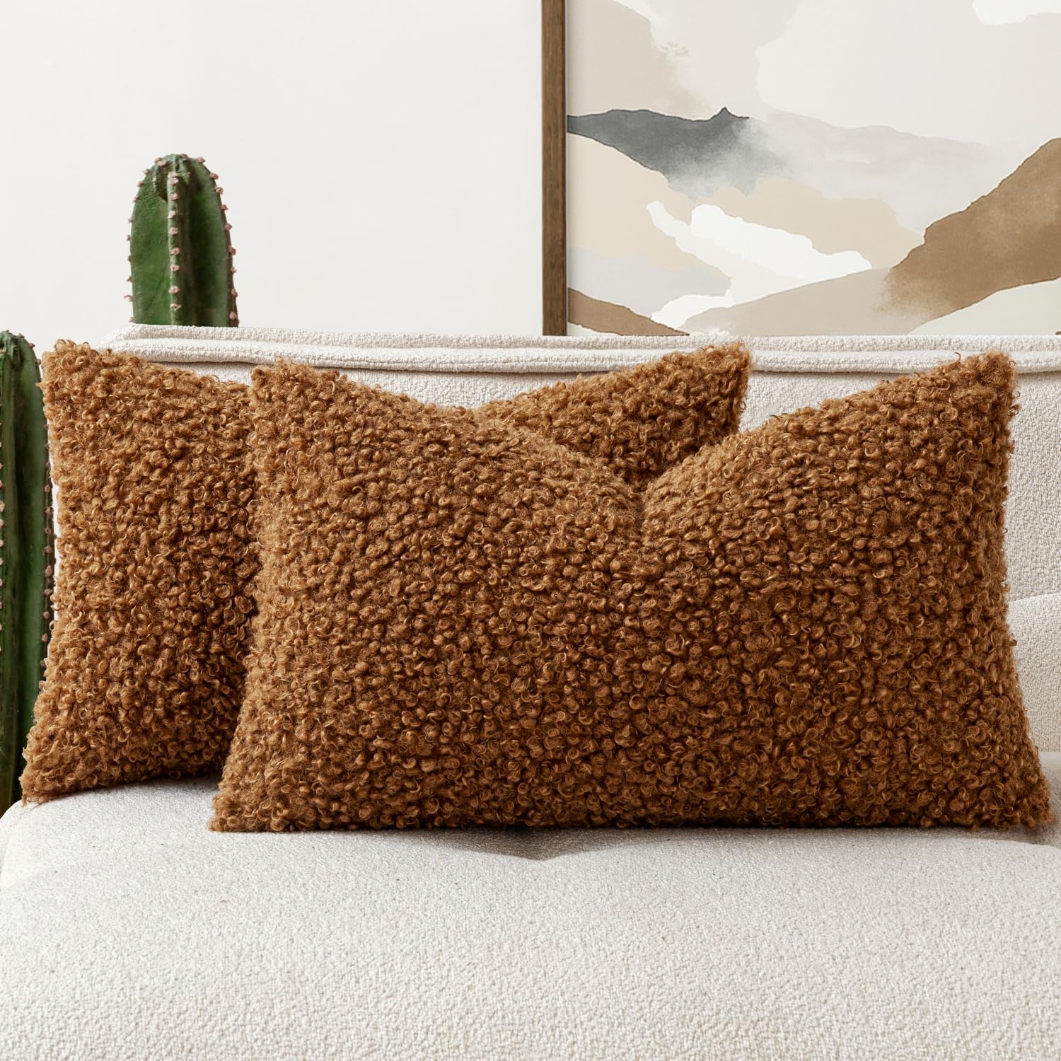 Photo 1 of Woaboy Faux Fur Throw Pillow Covers 20x12 Inch Set of 2 Boucle Neutral Decorative Lumbar Sherpa Fuzzy Accent Soft Sheepskin Fleece Cushions Modern Home Fall Decor for Couch Bedroom Living Room,Brown
