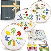 Bradove 3 Sets Leaves and Flowers Embroidery Kit for Beginners, Beginner Embroidery Kit for Adults, Learn to Embroider Kit Adult Beginner, Stitches Kit