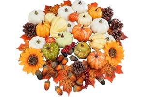 Winlyn 60 Pcs Assorted Small Artificial Pumpkins and Gourds with Acorns Pinecones Maple Leaves Sunflowers Fall Harvest Decoration Set for Thanksgiving Halloween Bowl Filler Table Centerpiece Wreaths