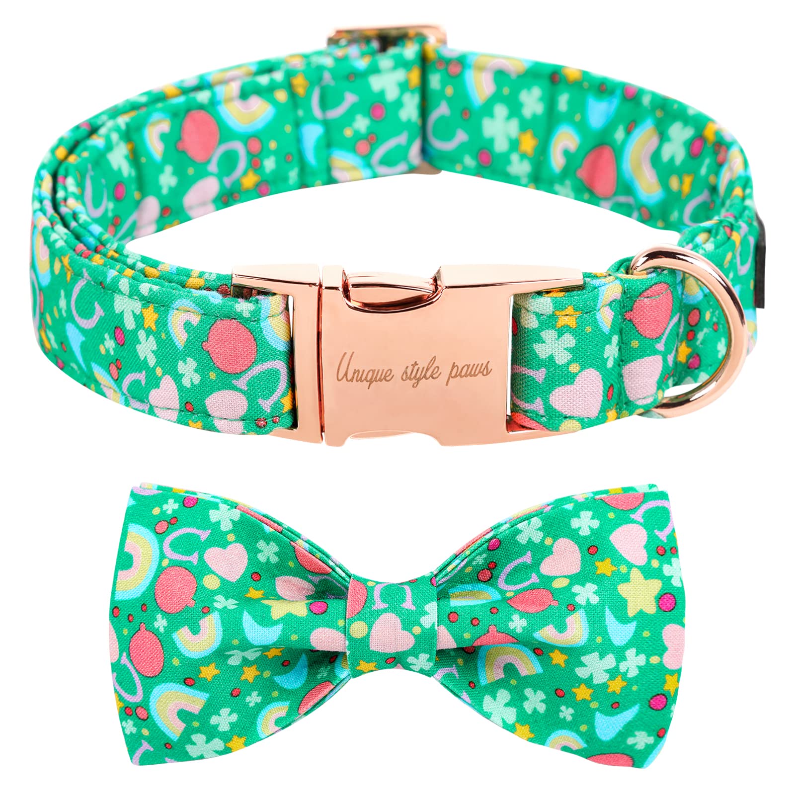 Unique style paws St. Patrick's Day Dog Collar with Bow Tie Trefoil Dogg collar Rainbow Clover Heart Puppy Collar for Small Medium Large Boys Girls