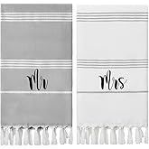 Preboun 2 Pcs Mr and Mrs Turkish Beach Towels Decorative Mr and Mrs Gift Embroidery Stripe Turkish Beach Towels for Honeymoon Newlywed Couple Wedding Gift 71 * 39 inch(Grey, White)