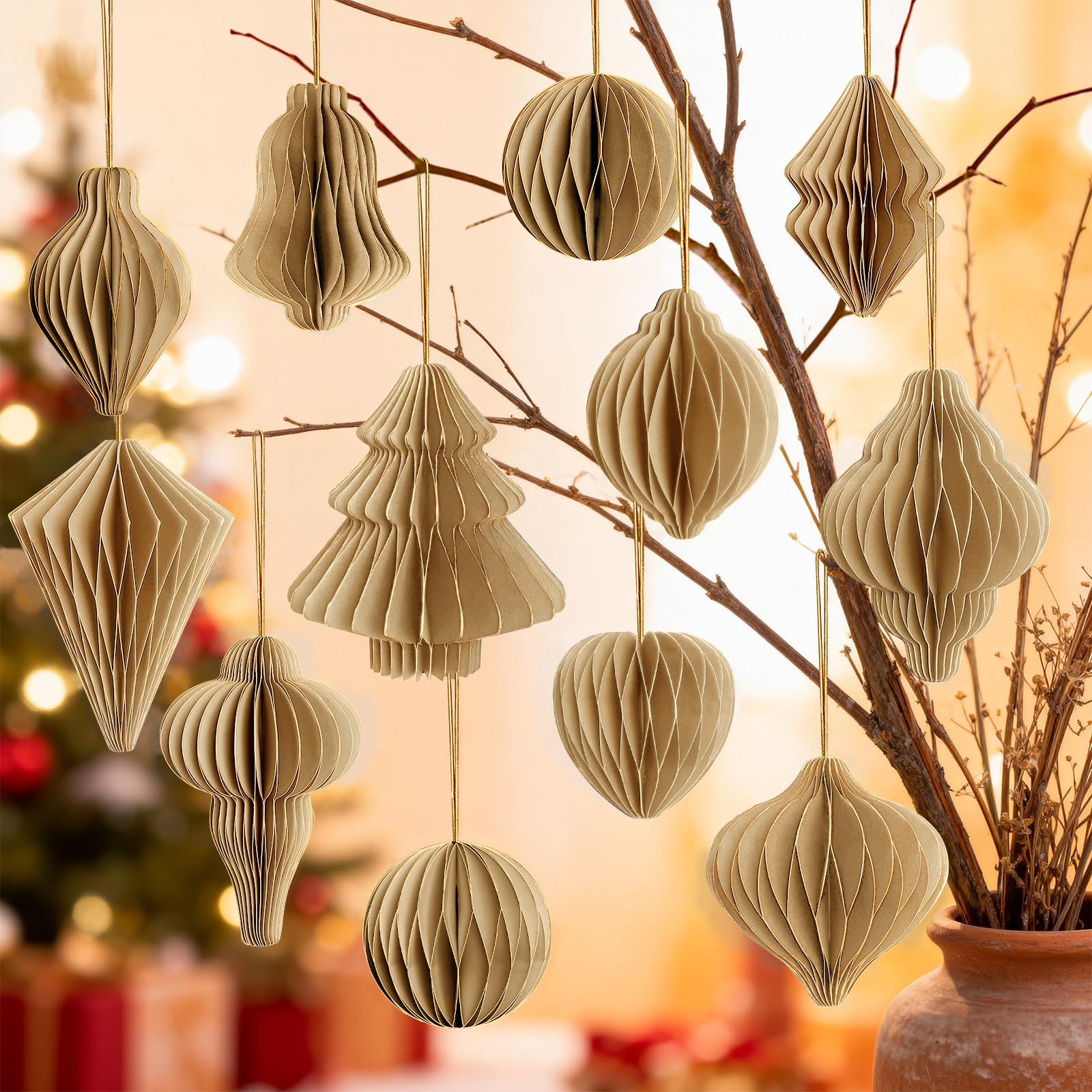 Photo 1 of 12Pcs Kahki Paper Christmas Party Decorations, 3D Honeycomb Paper Hanging Ornaments with Glitter, Vintage Finial Retro Honeycomb Lantern Ornaments for Christmas Tree Winter Wonderland Party