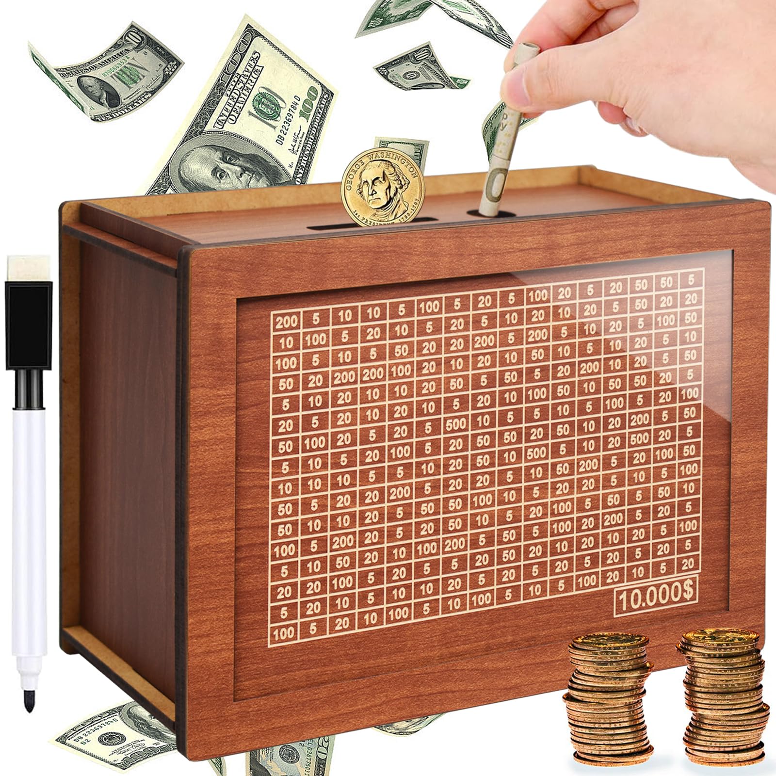 Photo 1 of $10000 Cash Vault Wooden Savings Box,Wooden Savings Box with Money Target & Numbers,Retro Cash Saver Box, Reusable Coin Counter Piggy Bank