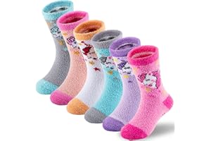 HONGTEYA Girls Kids Fuzzy Socks with Grips Toddler Non Slip Slipper Socks Crew Fluffy Warm Winter Sock 6 Pairs for 4-12 Years