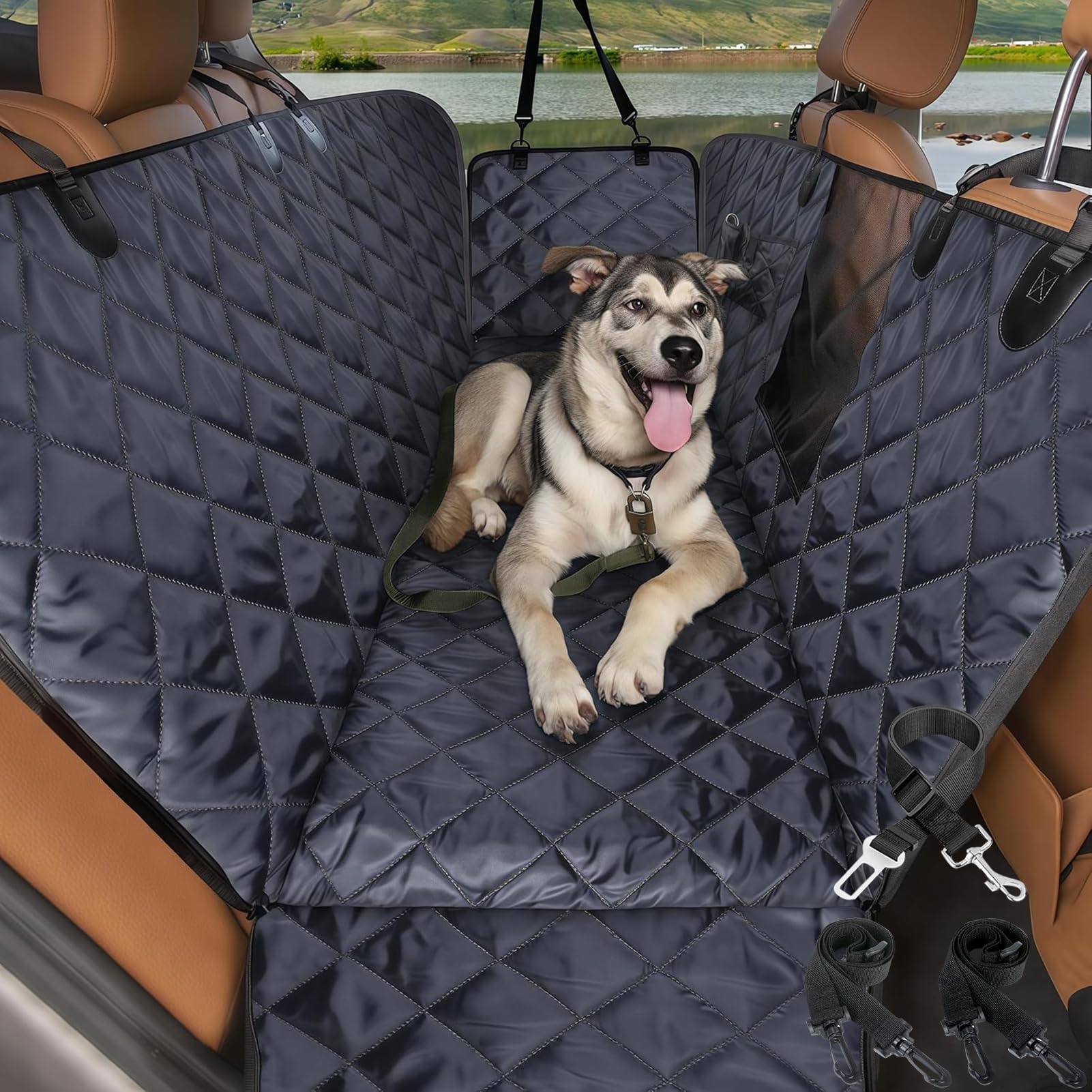 Photo 1 of Dog Car Seat Cover for Back Seat with Mesh Window - Waterproof Dog Hammock for Car with Side Flaps, Car Door Protection - Nonslip, Scratchproof Pet Rear Seat Cover for Cars, SUVs, Trucks(Black)