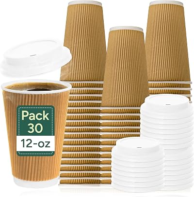 Zuvo 12oz Disposable Cups with Lids 30 Pack Triple Wall Ripple