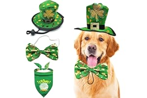 MIDUFRRY 3PCS St Patrick's Day Pet Costume, Dog Leprechaun Top Hat Green Collar Adjustable Dog Bandana Doggie Reversible Bibs Scarf Cosplay Party St. Patty's Day Puppy Outfit Irish Lucky Dress-Up