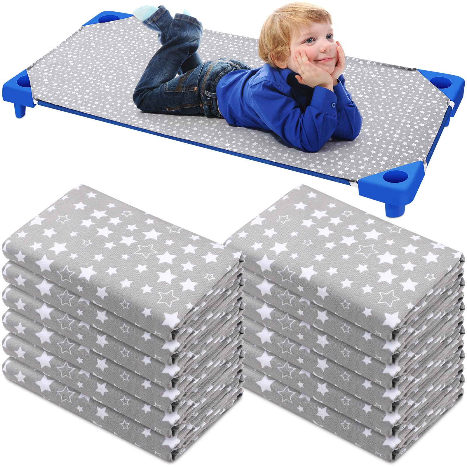 Photo 1 of Peryiter 12 Pcs Nap Mat Sheets Cot Sheets for Daycare Toddler Standard Size 24" x 51" Star Pattern with Corner Elastic Loops Bed Fitted Cot Crib for Children Kids Boys Girls (Gray)