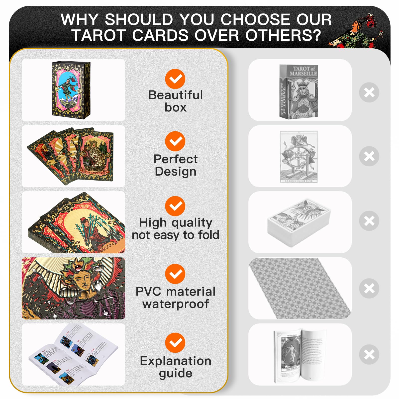 SUNHHX Tarot Cards, 78 Gold foil Tarot Cards Deck for Beginners and Professional Player with Box Tarot PVC Durable Waterproof Wrinkle Resistant