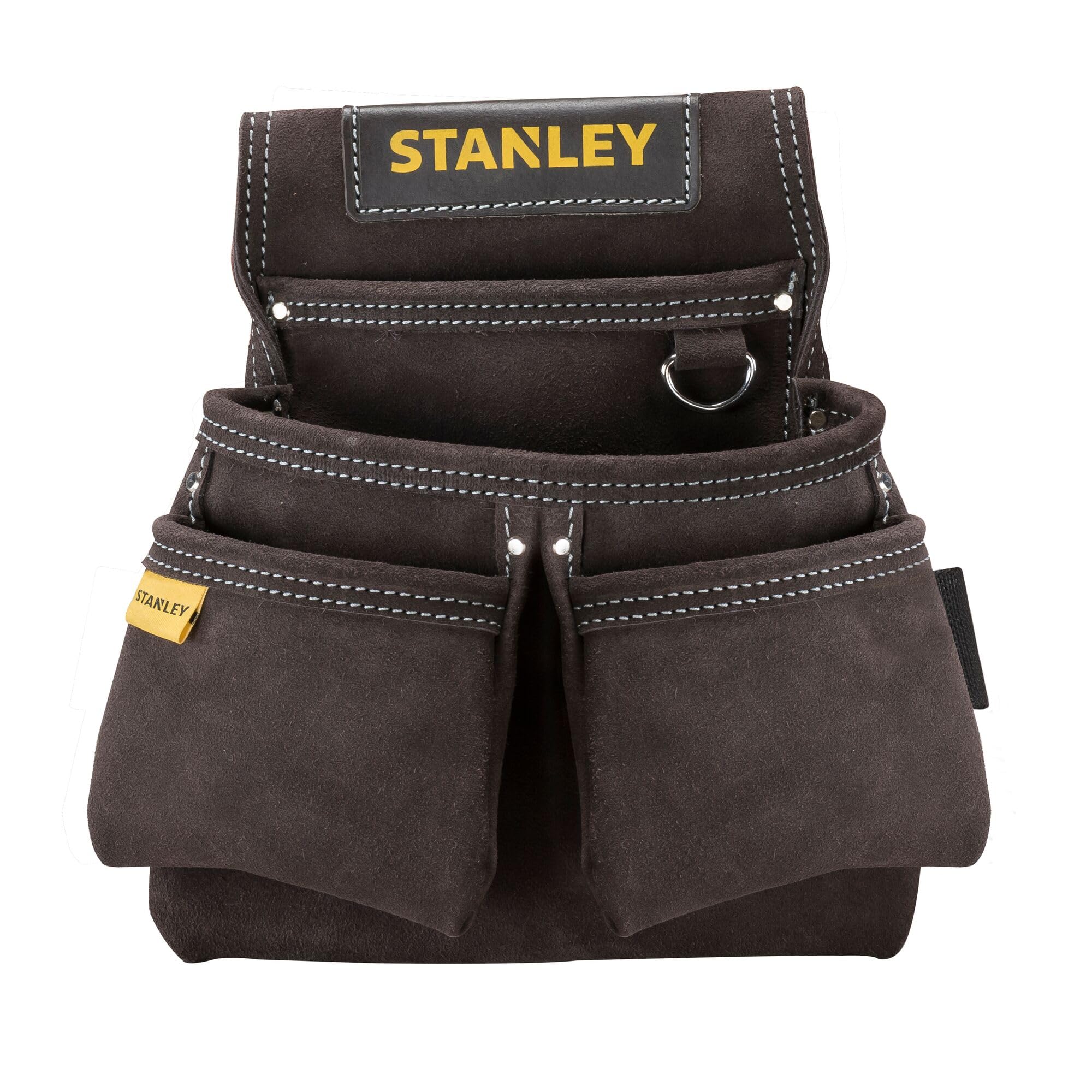 STANLEY Leather Tool Belt Pouch, Double Pocket Organiser for Tools and for Small Parts, STST1-80116 , Black