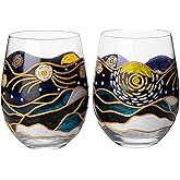 Vincent Van Gogh Artisanal Hand Painted Wine Glasses, Stemless Set of 2 Tumblers - Artistic Gift Idea for Her, Him, Birthday, Housewarming - Extra Large Goblets (18.5 OZ) - Gifts for Artists & Friends