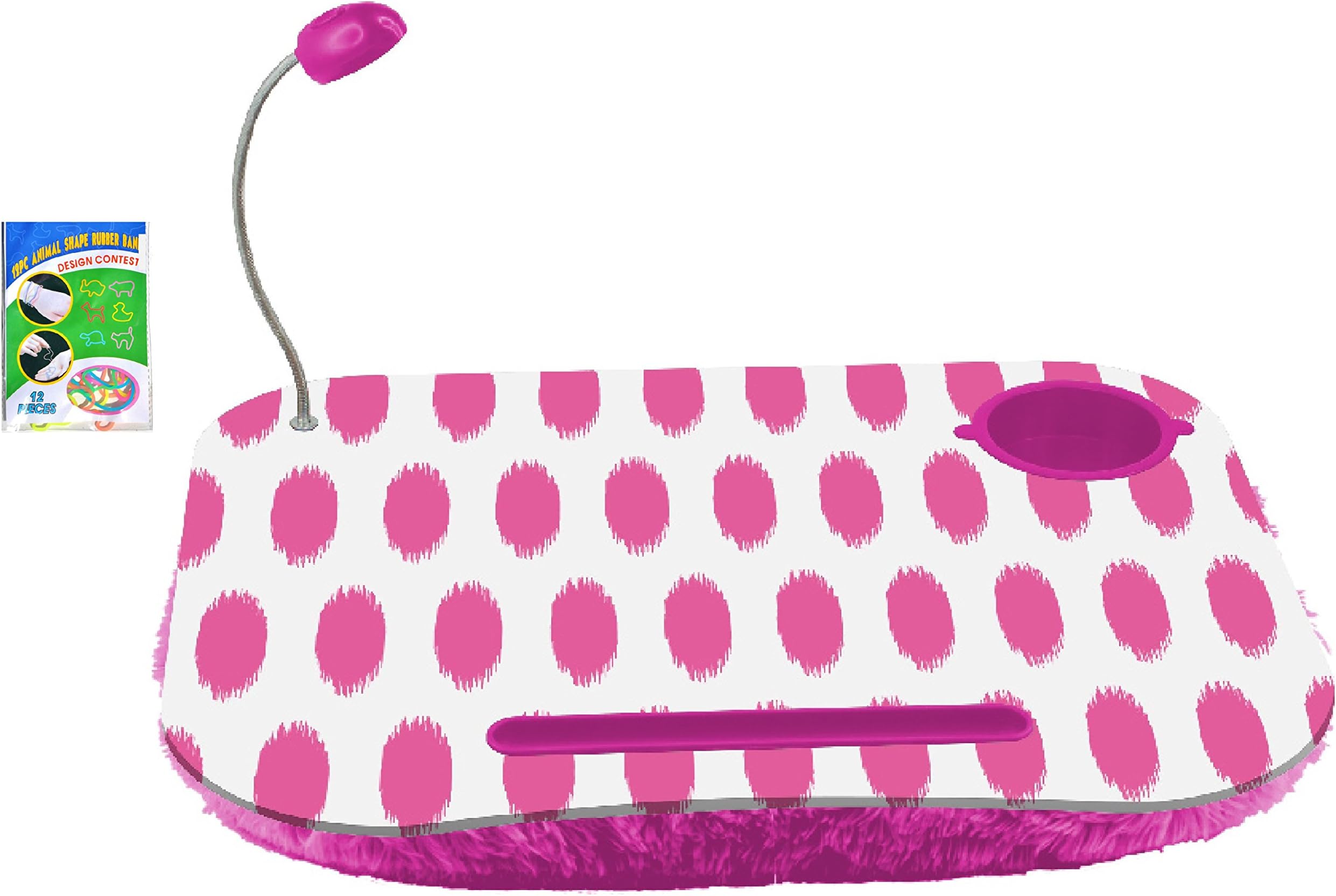 Portable PINK Fuzzy Back Laptop Tablet Notebook Computer Lap Desk with Cup Holder Light Cushion Pillow Best Unique Gift for Girls Boys Teens Kids Adults (Color2)