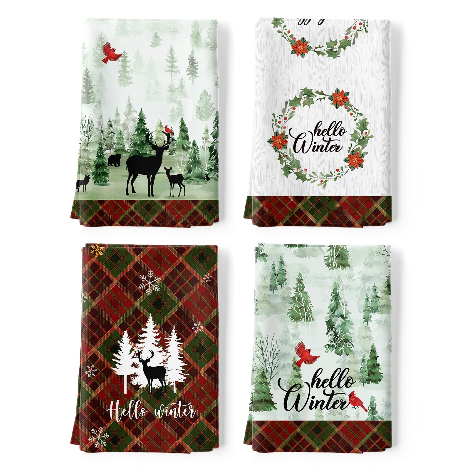 Arquiel Woodland Pine Tree Cotton Kitchen Towel Set, 50 x 70CM Multi-Purpose Quick Dry Dish Cloths, Hand and Bar Towels (Set of 4)