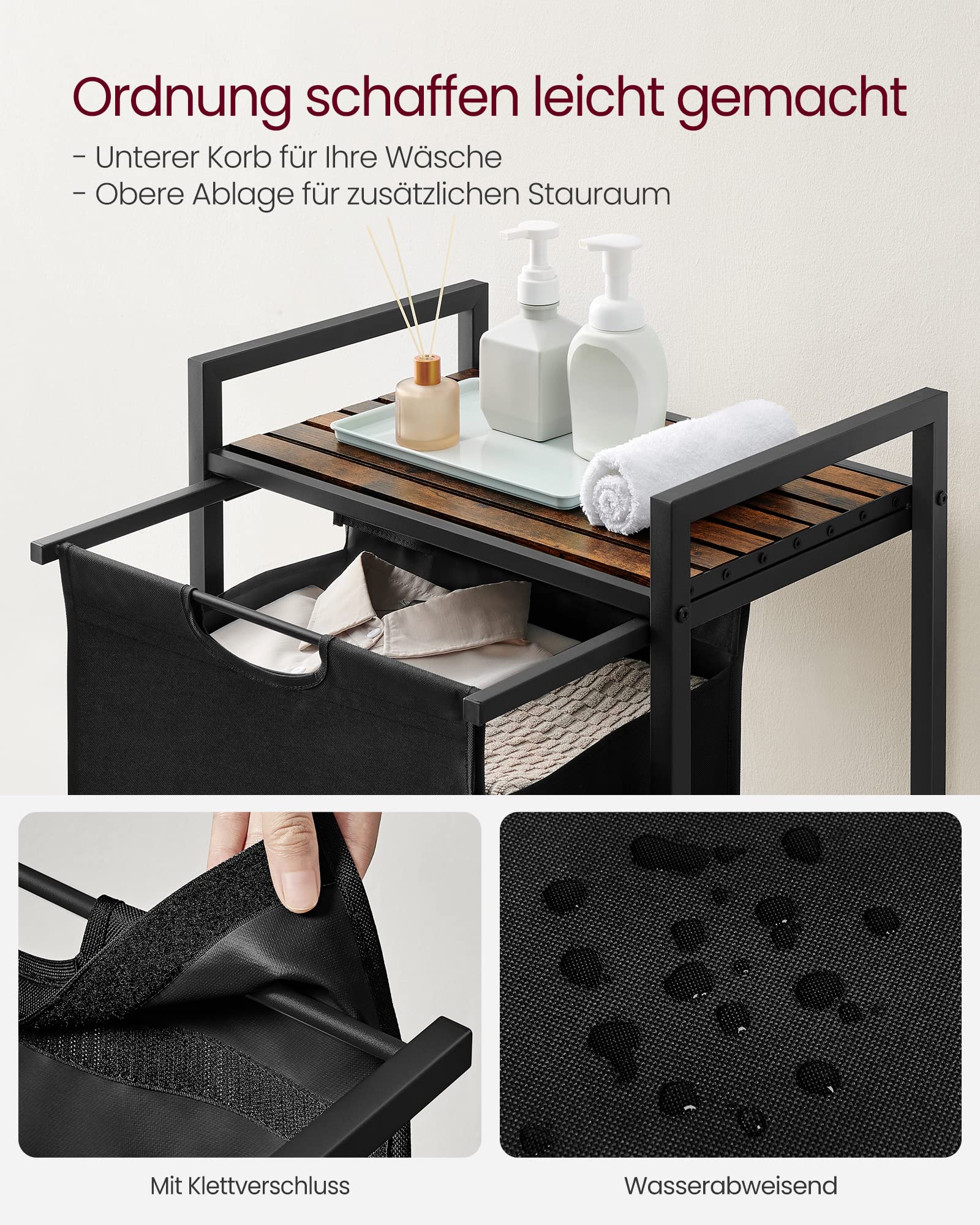 VASAGLE Wäschekorb, Wäschesammler mit Ablage, Wäschebox, Wäschesack aus Oxford-Gewebe abnehmbar, Metallrahmen, 65 L, 50 x 33 x 72 cm, tintenschwarz-vintagebraun BLH101B01 4