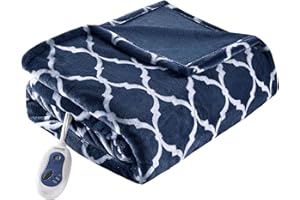 Beautyrest Ogee Printed Plush Electric Blanket for Cold Weather, Fast Heating, Auto Shut Off, Virtually Zero EMF, Multi Heat Setting, UL Certified, Machine Washable, Indigo Oversized Throw 60x70