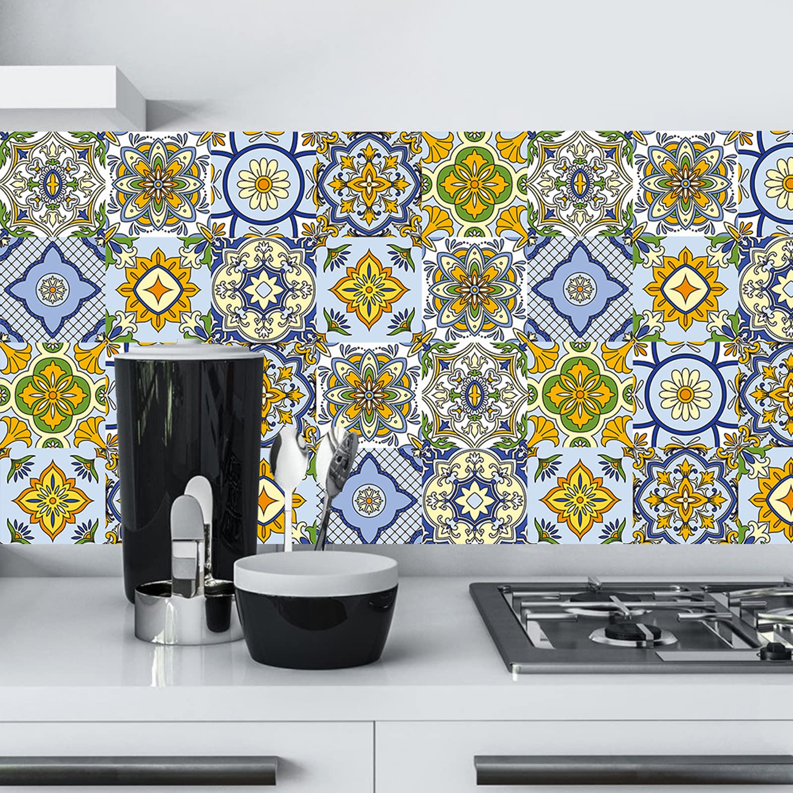 24pcs Moroccan Tile Stickers 15x15cm Yellow Bathroom Tile Stickers for Kitchen Bathroom Living Room Fireplace Stairs Backsplash Home 6"x6" Waterproof Stickers for Tile