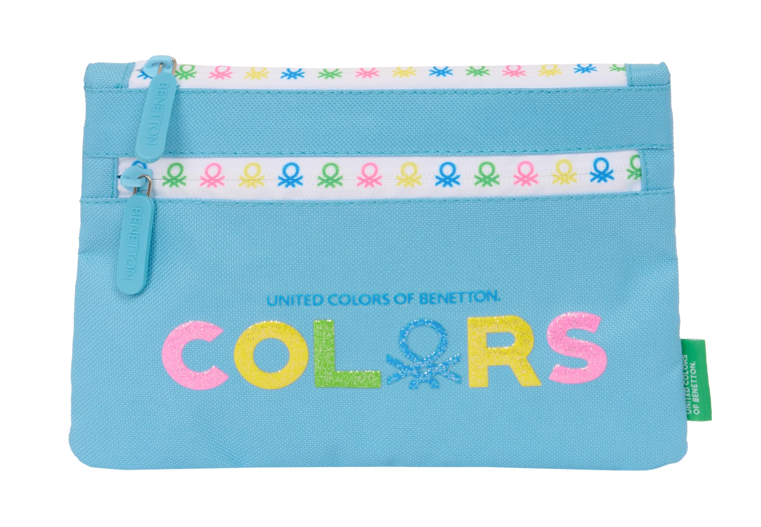 Benetton Spring – Large School Pencil Case, Double Zipper, Children's Pencil Case, Comfortable and Versatile, Easy Cleaning, 23 x 3 x 16 cm, Sky Blue, Light Blue, Estándar, Casual