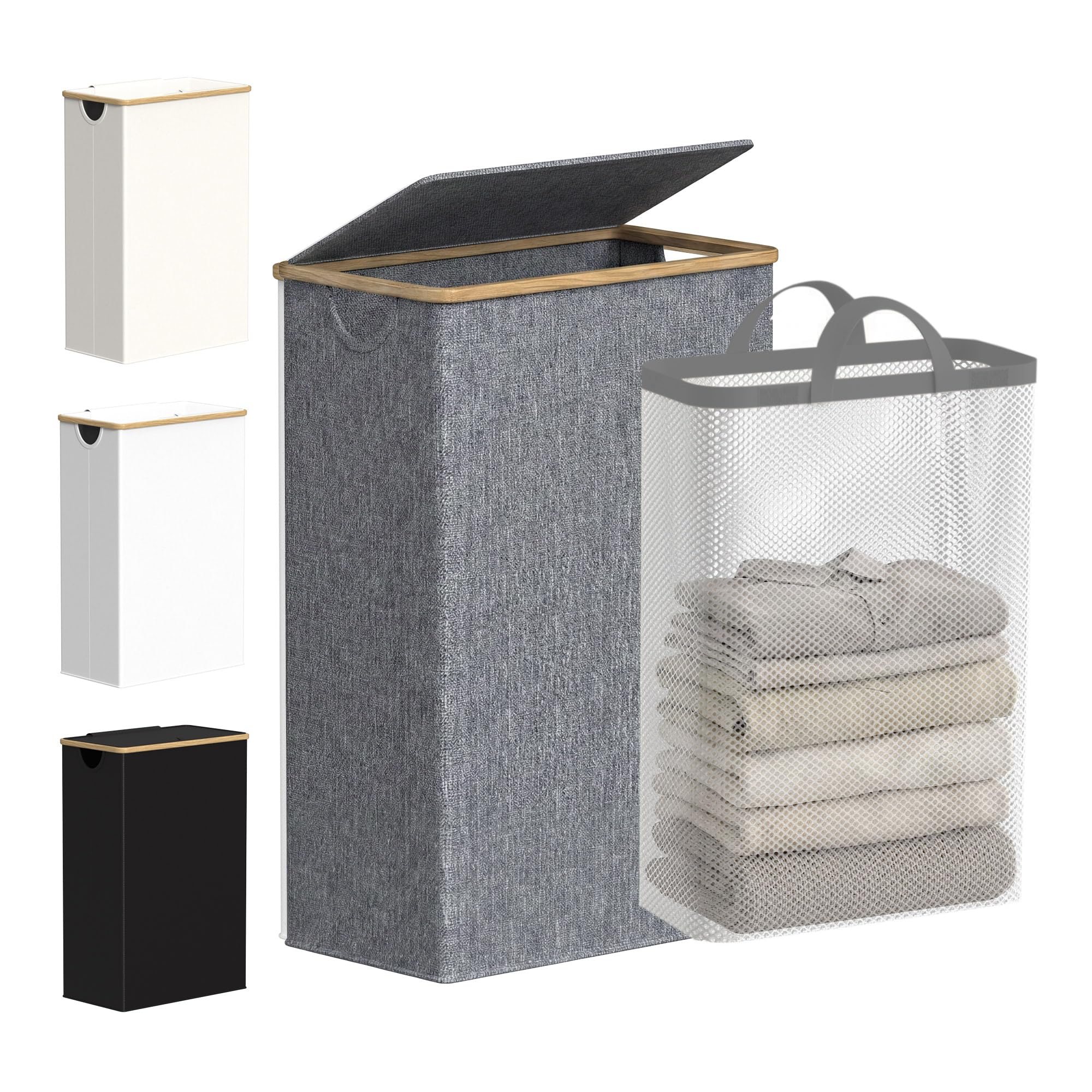 efluky Narrow Laundry Baskets with Lid, Tall Slim Wash Basket for Laundry, Foldable Small Slimline Laundry Basket for Dirty Clothes, 63L Cloth Storage Basket Blue-grey