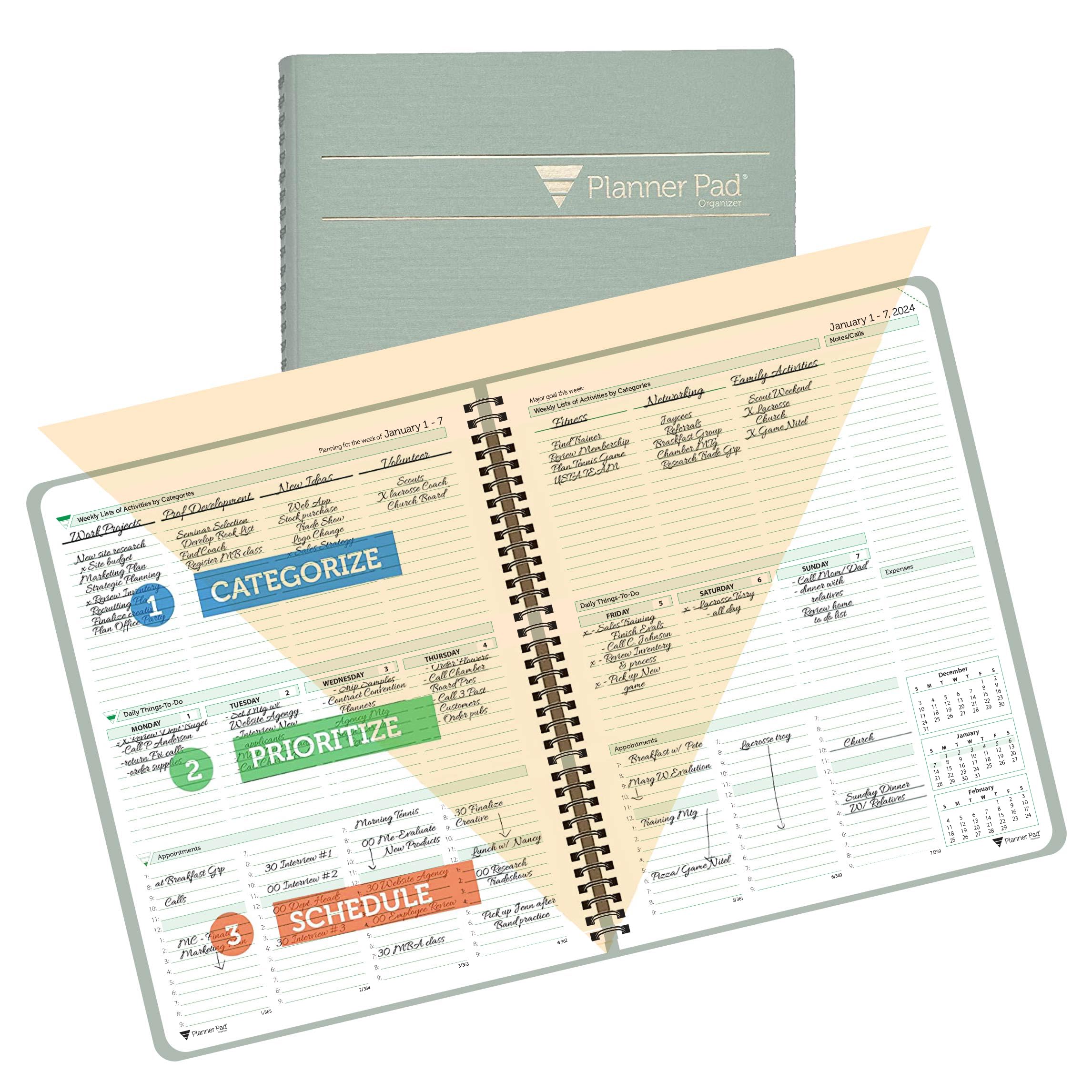 Planner Pad Spiral Bound 3-Tier Funnel Down 12 Month Organizer, Calendar Year (January - December 2024), Greenish Grey Cover/Soft Green Ink, 8 1/2" x 11"
