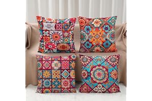 Bohemian Pillowcase Set of 4, Soft Breathable Peach Skin Pillowshams with Aesthetic Bohemian Chic Hippie Printed Pattern, Thr