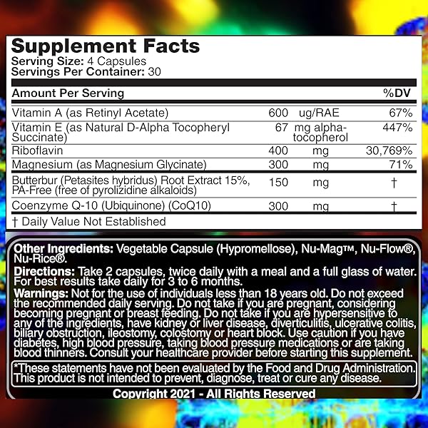 MIGRAINE RELIEF, QUAD-FORMULA WITH PA-FREE BUTTERBUR (150MG), COQ10 (300MG), MAGNESIUM GLYCINATE (300MG), HIGH-DOSE RIBOFLAVIN (400MG) – MIGRA ZERO (120 CAPS) OPTIMAL DOSING FOR MIGRAINE SUFFERERS