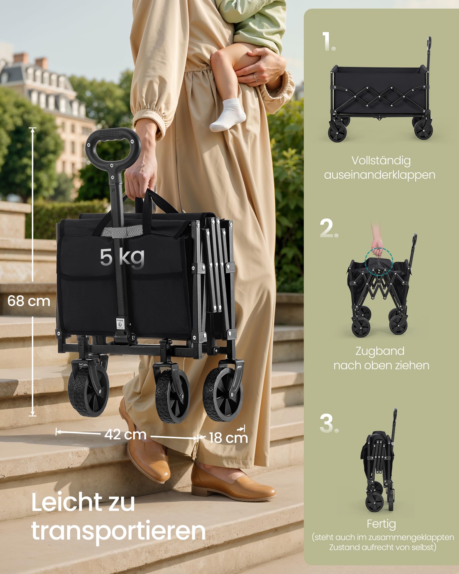 SONGMICS Kleiner Handwagen faltbar, Gartenwagen, kompakt, mit Griff, mit 4 verstärkten Rollen, Davon 2 Universalräder, bis 180 kg belastbar, Outdoor, Garten, 90 L, tintenschwarz GFW909B01 4