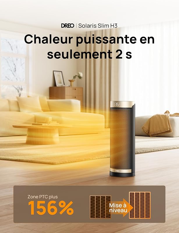 Chauffage d'appoint, électrique, céramique, PTC1800 W, Télécommande, Protection anti-basculement et anti surchauffe, Minuterie 1-12 h, 70° Oscillation, Solaris Slim H3