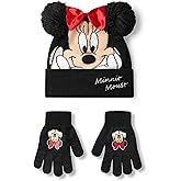 Disney Minnie Mouse Girls Beanie Hat & Gloves Set | Black Knitted Winter Hat with Pom Poms and Red Bow | Kids One Size Hat & Gloves with Minnie Mouse Character Face | Classic Cartoon Merchandise Gift