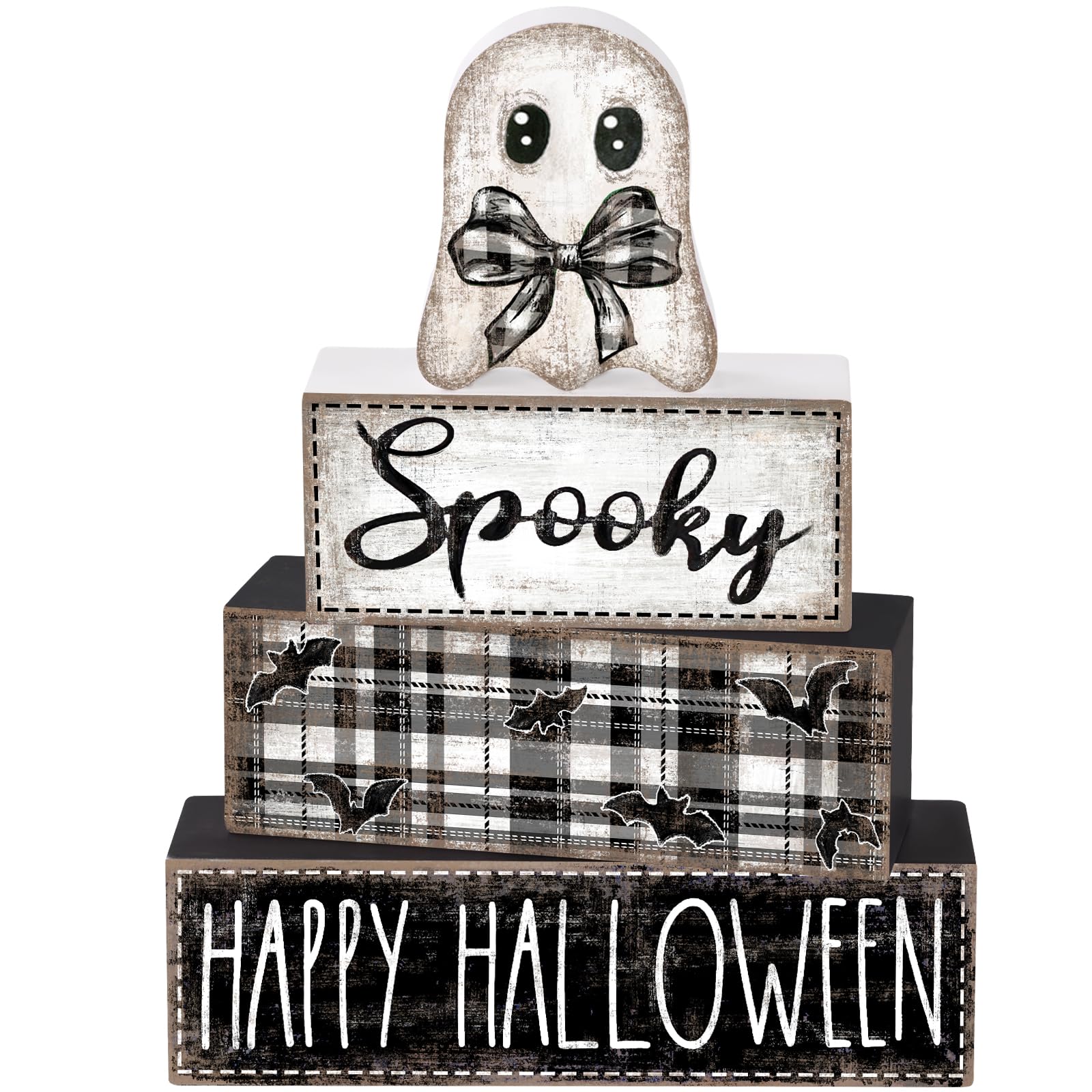 Photo 1 of DIYDEC 4Pcs Halloween Table Decoration Happy Halloween Wooden Block Sign Ghost Rustic Tiered Tray Decor Centerpiece Sign for Farmhouse Holiday Tabletop Coffee Fireplace Shelf Desk Party Decor