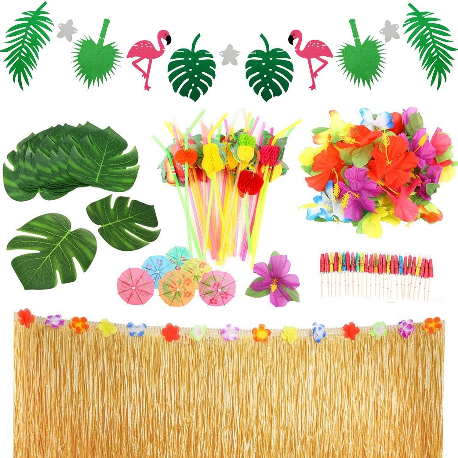 LAOZHOU 92 Pcs Hawaiian Tropical Party Decoration Set with 9.6ft Hawaiian Table Skirt, Flowers and Banners，Palm Leaves，velcro,Umbrellas and 3D Fruit Straws for Luau Beach PartyTable Decorations