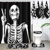 Honoson 8 Pcs Halloween Skeleton Bathroom Shower Curtain Set with Rugs | Horror Skull Skeleton Bathroom Decor Set, Toilet Lid Cover, Ghost Bat Towels, Spooky Black White Bathroom Decor for Home