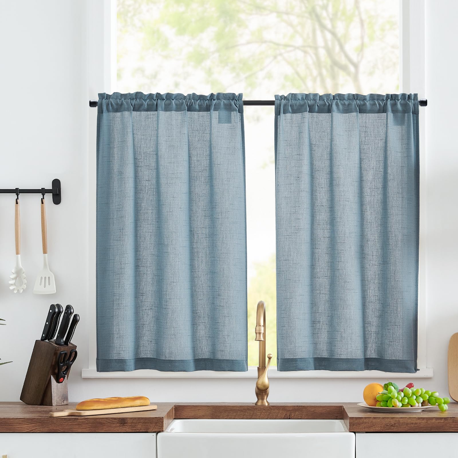 TOPICK Linen Blend Kitchen Curtains, 36 Inch Drop Small Cafe Curtains, Solid Pattern Light Filtering Short Curtain Tiers for Bathroom Sink Cupboard, Rod Pocket 2 Panels Blue — image 1