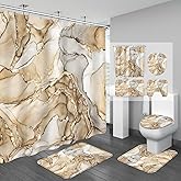 BayNook 4PCS Beige Marble Bathroom Sets with Shower Curtain and Rugs, Abstract Shower Curtain Sets with Rugs for Bathroom Decor, Bathroom Curtains Shower Set with Toilet Lid Cover Accessories
