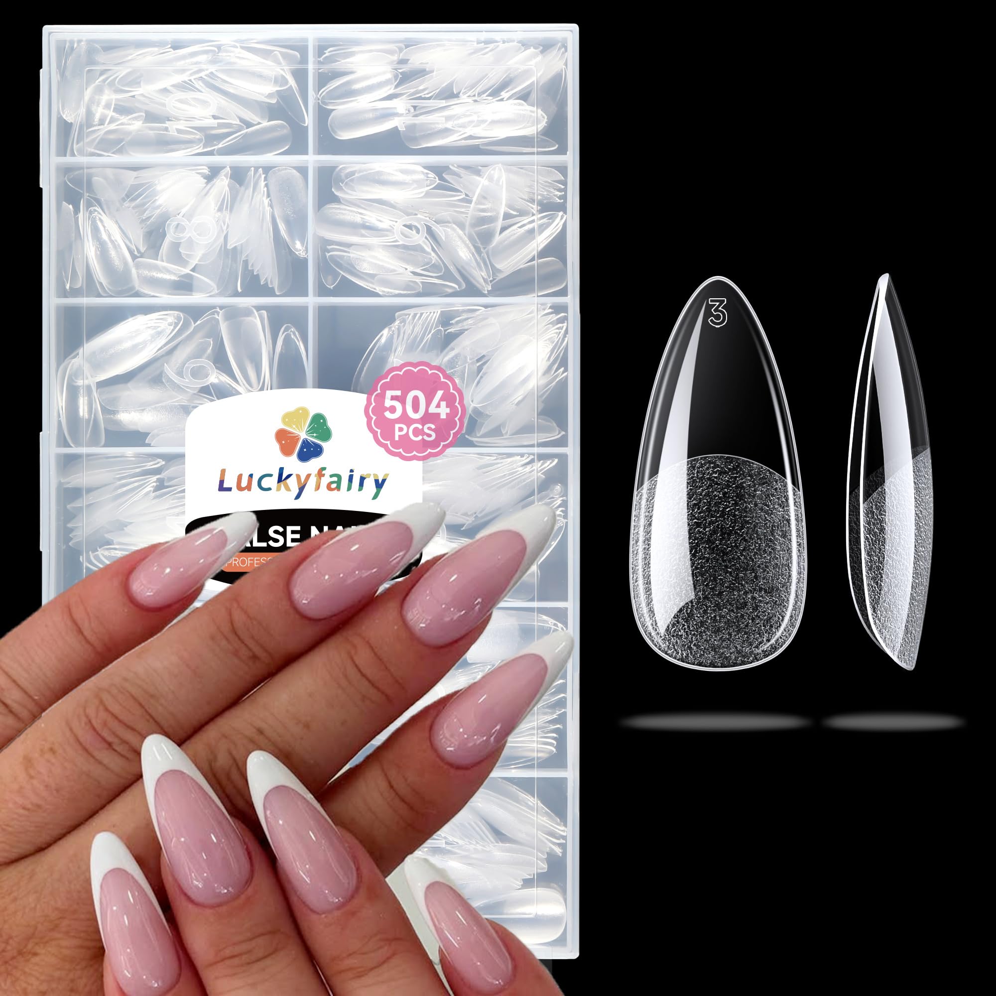 Photo 1 of Luckyfairy Medium Almond Nail Tips, 504pcs Soft Gel Pre-Filed Acrylic Almond Fake Nails, Half Matte Full Cover Clear Press on Flase Nail Tips for Nail Extension Home DIY 12 Sizes