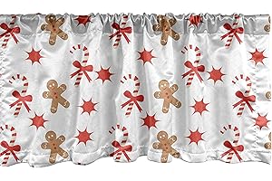 Ambesonne Gingerbread Man Window Valance, Candy Cane with Bowties Red Star Gingerbread Man Pattern, Curtain Valance for Kitchen Bedroom Decor with Rod Pocket, 54" X 12", Brown Orange