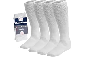 Diabetic Socks for Men and Women Over the Calf Knee High Cotton Socks Loose Fit 4 Pairs