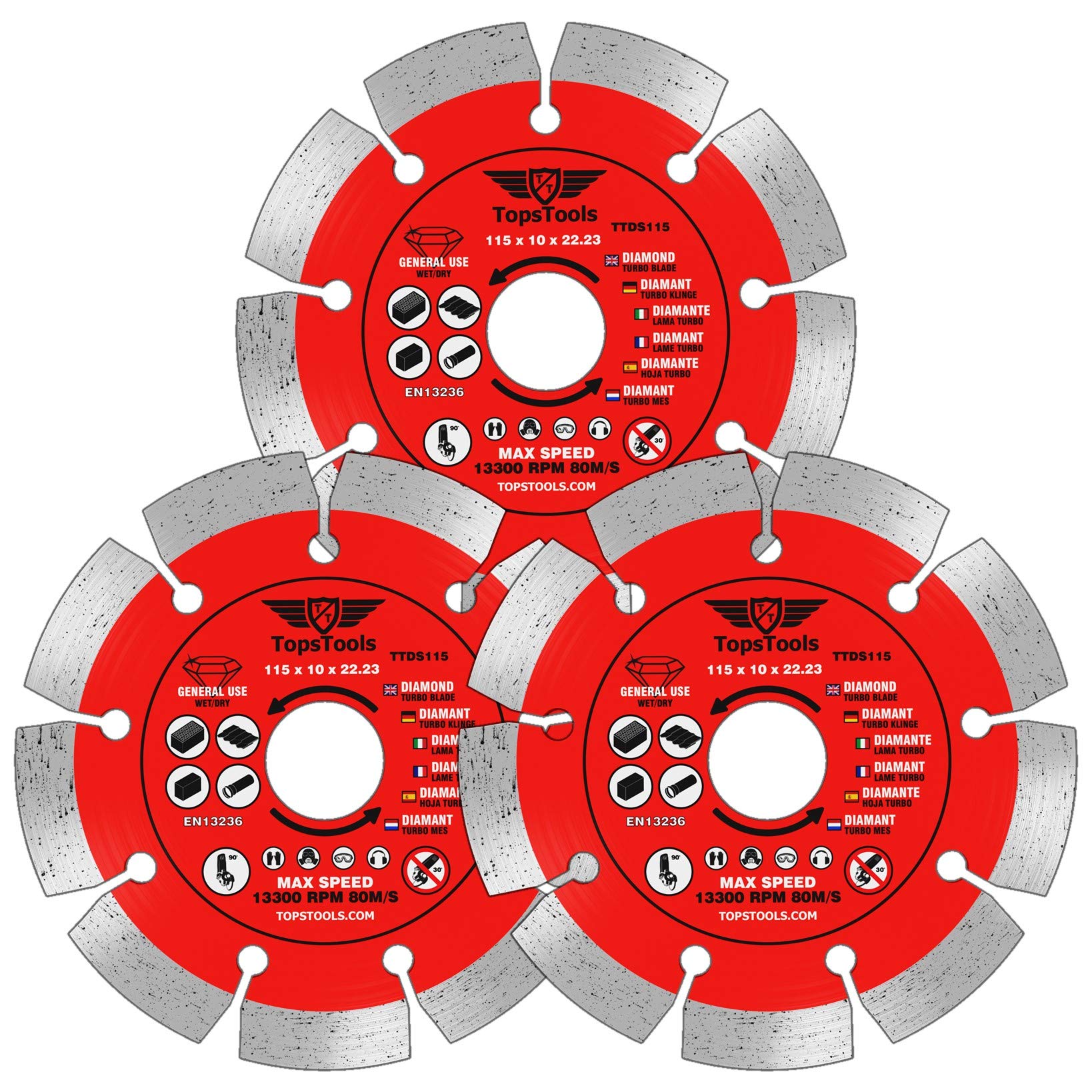 3 x TopsTools TTDS115_3 115mm (4.5 inch) x 10mm x 22.23mm Bore Segmented Diamond Angle Grinder Circular Saw Blades