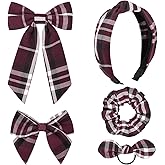 DEEKA 5 Styles Uniform Long Tail Hair Bows Knotted Headband Scrunchies Bow Set Alligator Clips Back to School Accessories for Toddler Little School Girls (Burgundy 5 Styles)