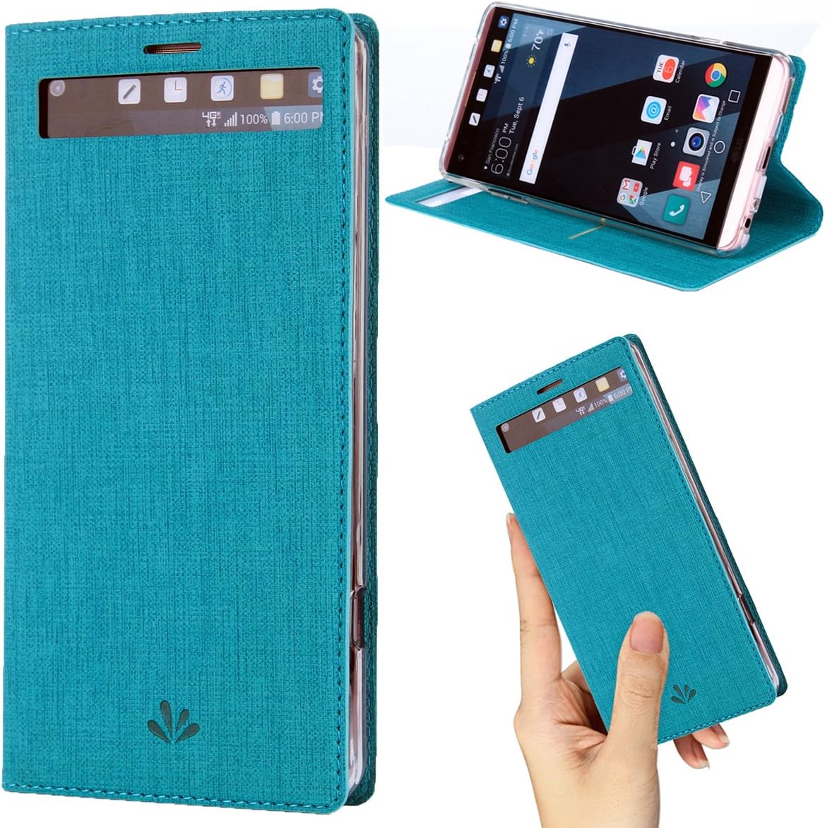 DLHYOUNG LG V20 case Premium Leather PU Flip Wallet Case with View Window Stand Kickstand Card Holder Magnetic Closure TPU Bumper Full Cover Slim Leather Case for LG V20(Blue)